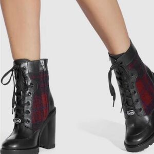Coach Black and Red Plaid Lace-Up Boots